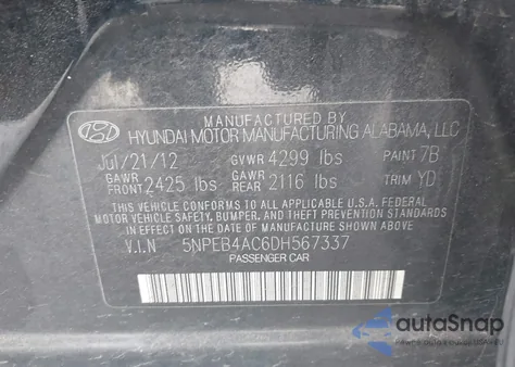 2013 Hyundai Sonata Gls из США, поврежденный, VIN 5NPEB4AC6DH567337